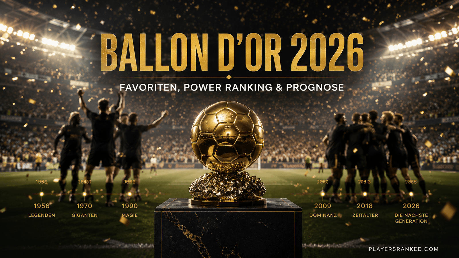 Goldene Fußballtrophäe in einem modernen Stadion als Symbol für den Ballon d'Or 2026 und das Rennen um die Auszeichnung als Weltfußballer des Jahres.