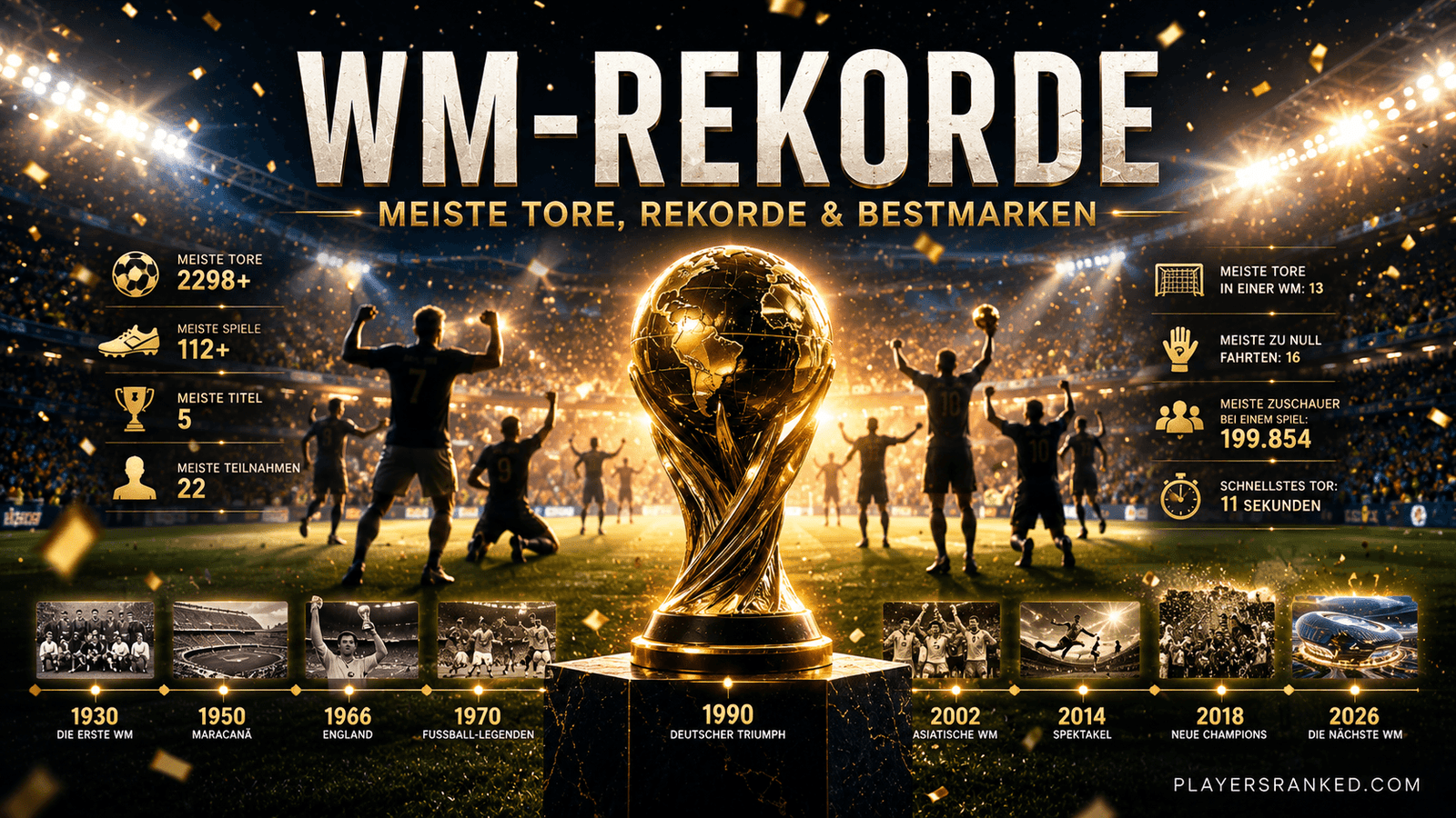 Goldene Fußballtrophäe im Stadion als Symbol für die größten Rekorde der FIFA-Weltmeisterschaft von 1930 bis 2026.