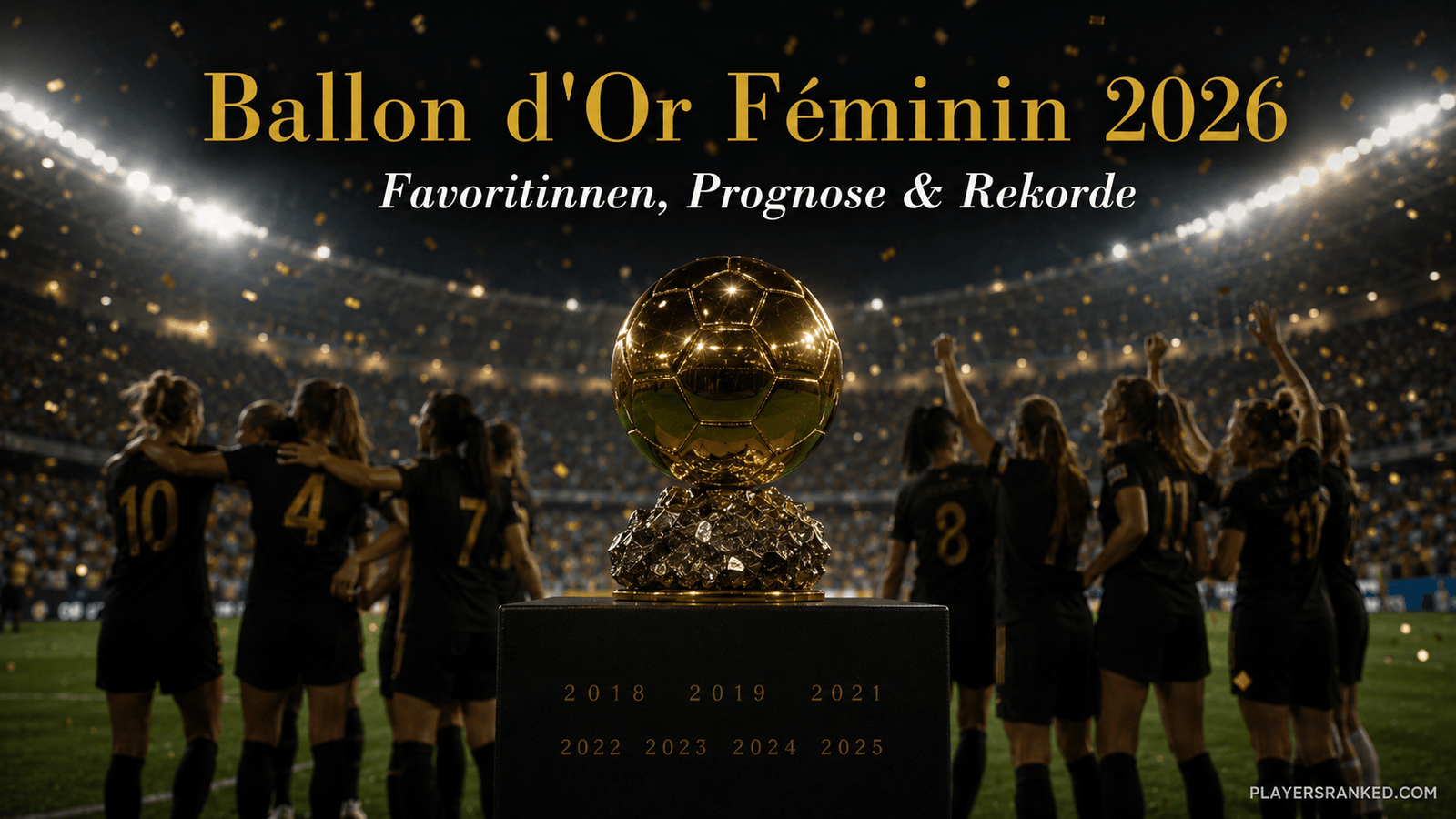 Goldene Fußballtrophäe im Stadion als Symbol für den Ballon d'Or Féminin 2026 und die Wahl der besten Fußballerin der Saison.