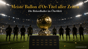 Meiste Ballon d'Or-Titel aller Zeiten: Die Rekordhalter im Überblick Goldene Fußballtrophäe im Stadion als Symbol für die Rekordhalter mit den meisten Ballon d'Or-Titeln aller Zeiten.
