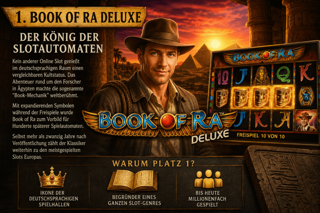 Book of Ra Deluxe Spielautomat Bild mit Slot Info und KurzReview