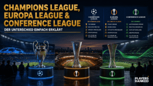 Grafik vergleicht Champions League, Europa League und Conference League nach Wettbewerb, Teilnehmern und Prestige.