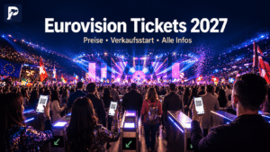 Eurovision Tickets 2027 mit Fans vor einer modernen Konzertarena und digitalem Ticketzugang zum Eurovision Song Contest.