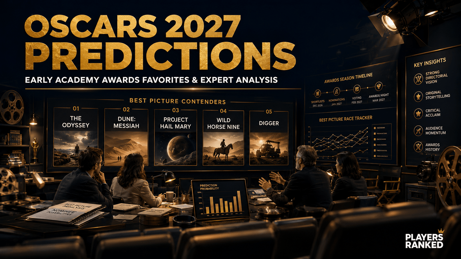 Editorial illustration of the Oscars 2027 predictions featuring early Academy Awards favorites, expert analysis and Best Picture contenders.