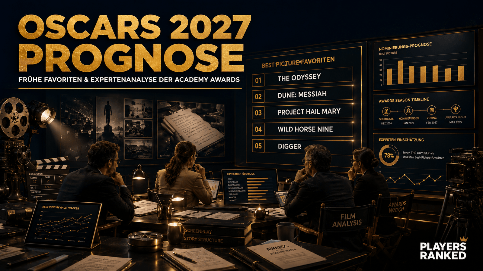 Editorial-Illustration zur Oscar-Prognose 2027 mit den frühen Favoriten auf die Academy Awards und den aussichtsreichsten Best-Picture-Anwärtern.