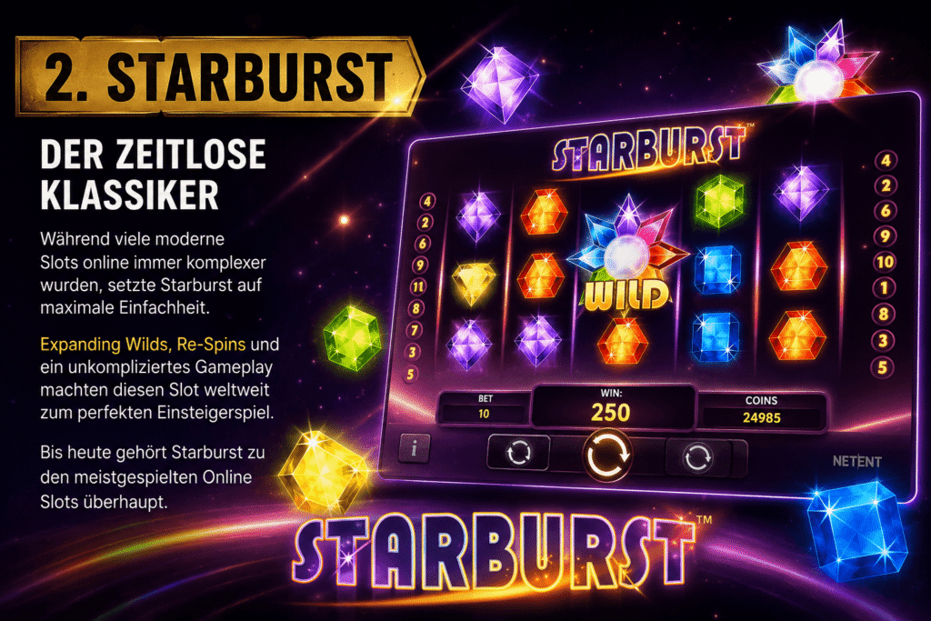Starburst von NetEnt zählt zu den bekanntesten Online-Slots mit Expanding Wilds, Re-Spins und farbenfrohem Edelstein-Design.