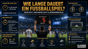 Wie lange dauert ein Fußballspiel? Spielzeit, Nachspielzeit & Sonderregeln Grafik erklärt Spielzeit, Nachspielzeit, Verlängerung und Elfmeterschießen im Fußball.