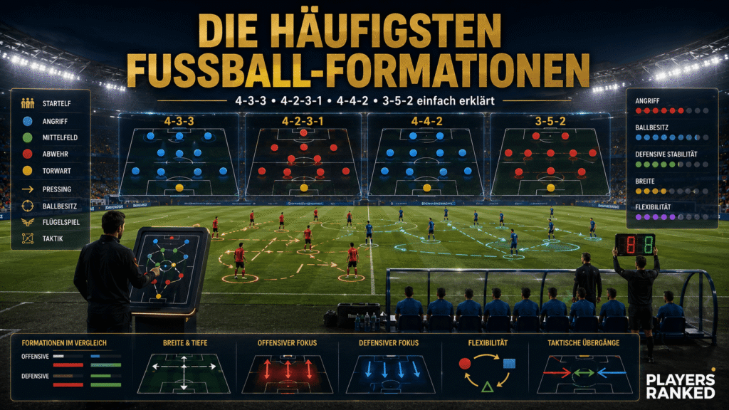 Grafik erklärt die häufigsten Fußball-Formationen wie 4-3-3, 4-2-3-1, 4-4-2 und 3-5-2 im Vergleich.