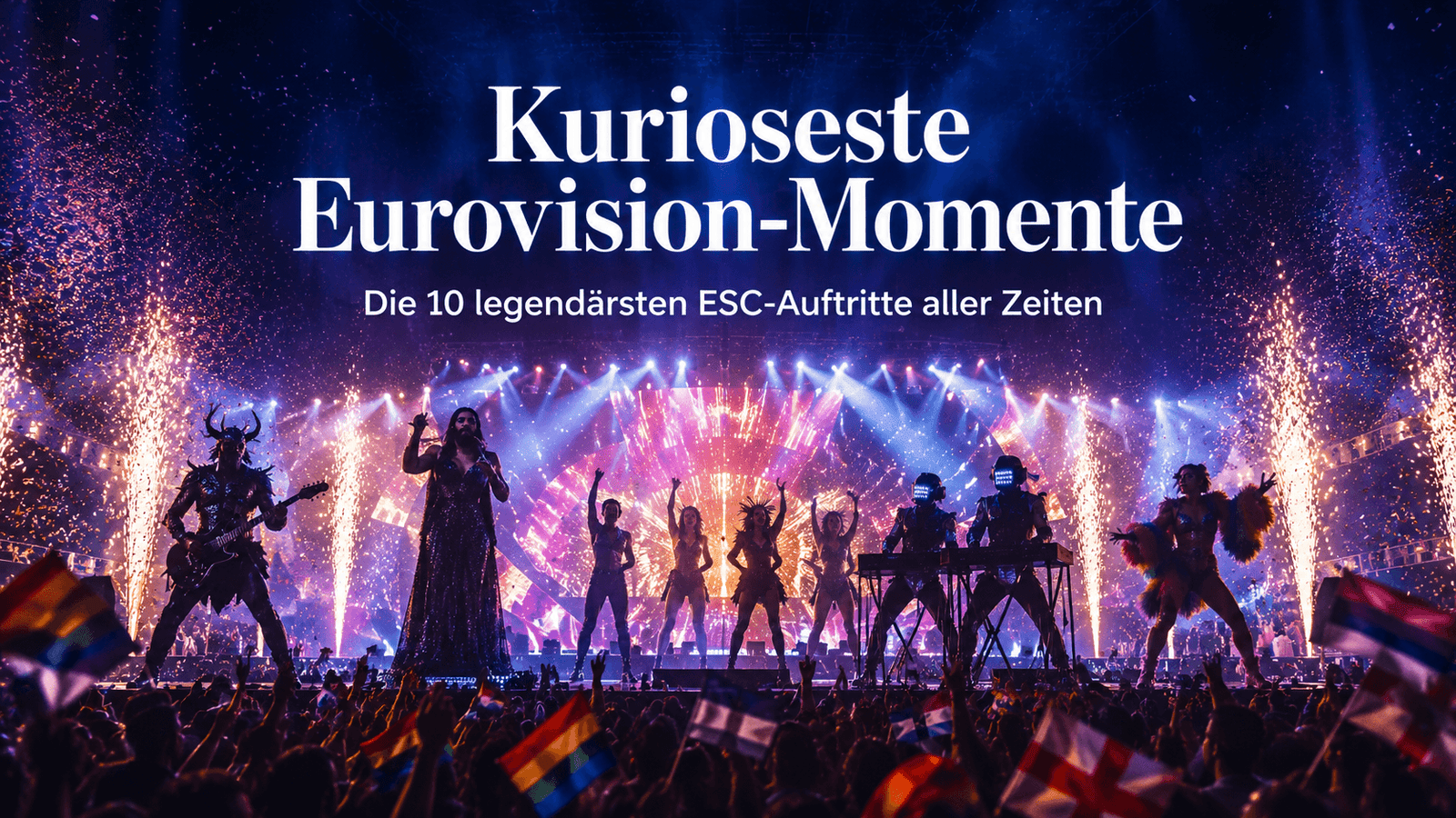 Kurioseste Eurovision-Momente mit spektakulärer ESC-Bühne und anonymen Künstlern als Symbol für legendäre Auftritte.