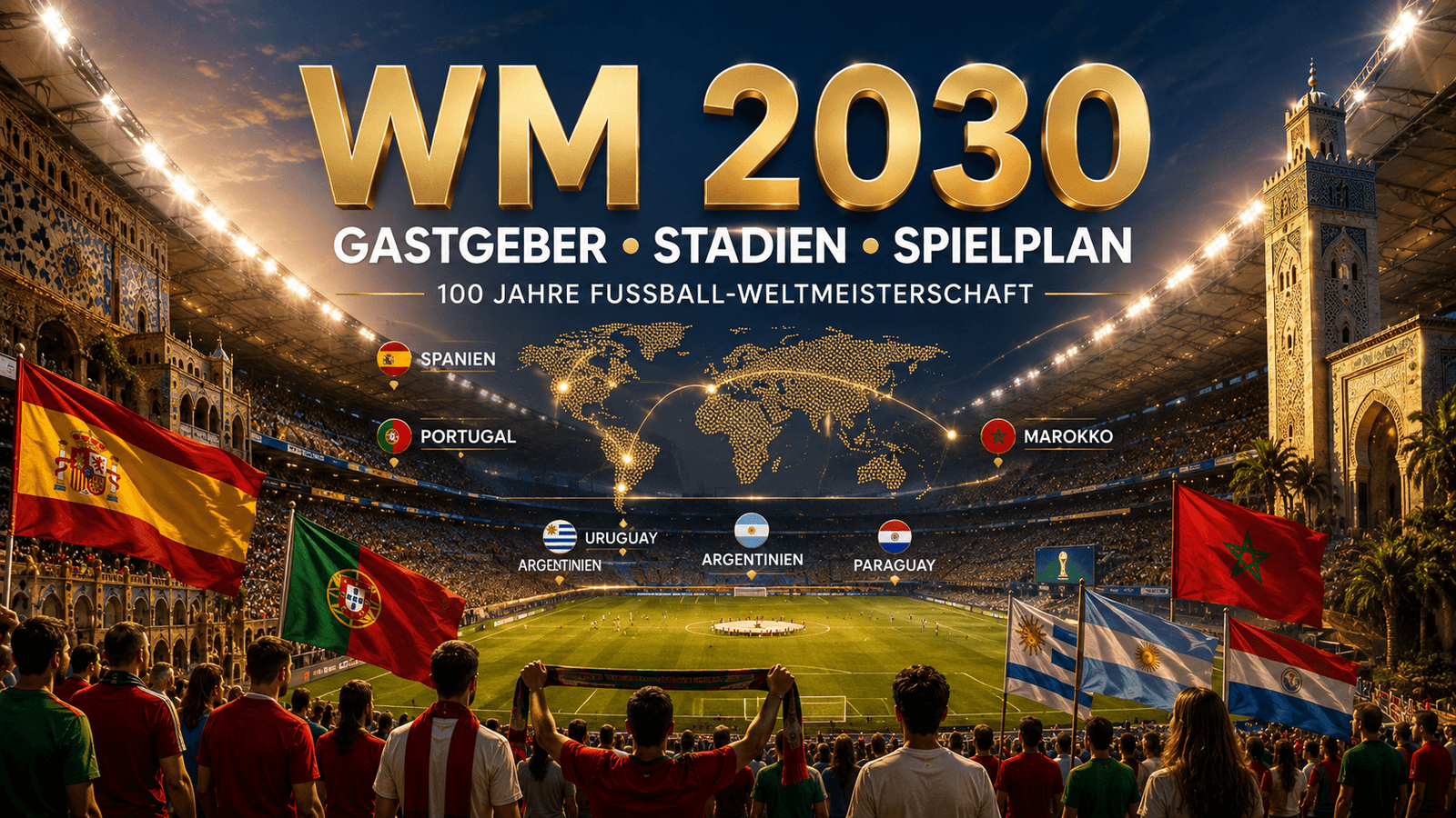 FIFA WM 2030 mit den Gastgebern Spanien, Portugal und Marokko sowie Uruguay, Argentinien und Paraguay in einem modernen Fußballstadion