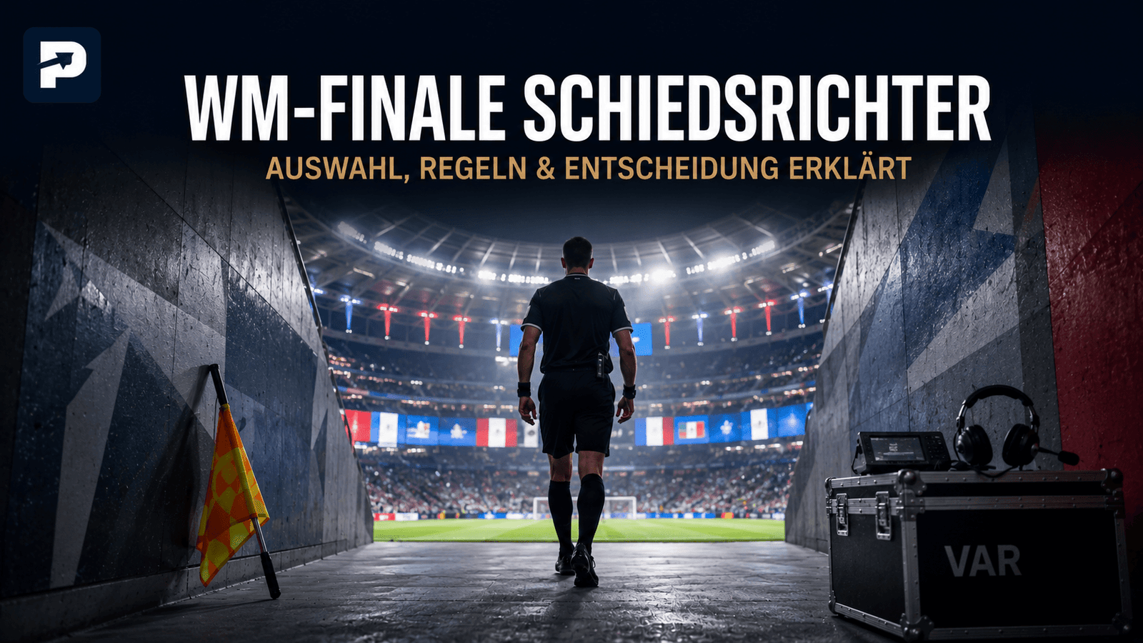 WM-Finale 2026: Ein Schiedsrichter betritt vor dem Endspiel den Spielertunnel eines modernen Stadions. Der Artikel erklärt Auswahl, Regeln und die Entscheidung für das Finale.