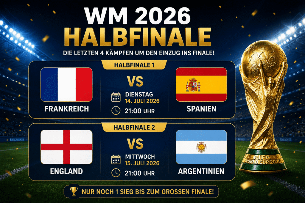 WM 2026 Halbfinale mit Frankreich gegen Spanien am 14. Juli und England gegen Argentinien am 15. Juli 2026