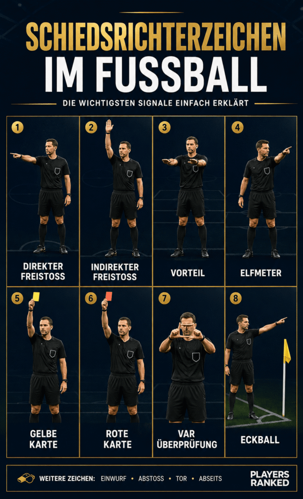 Schiedsrichterzeichen im Fußball – Freistoß, Vorteil, Elfmeter, Karten und VAR erklärt