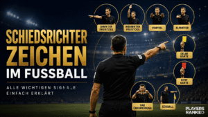 Schiedsrichterzeichen im Fußball für Freistoß, Vorteil, Elfmeter, Karten, VAR und Eckball