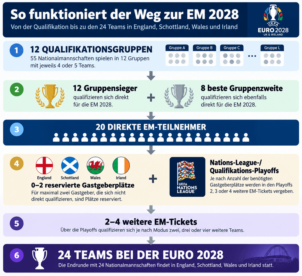 EM-Qualifikation 2028: Infografik zum Modus mit 12 Gruppen, direkter Qualifikation, Gastgeberplätzen und Playoffs
