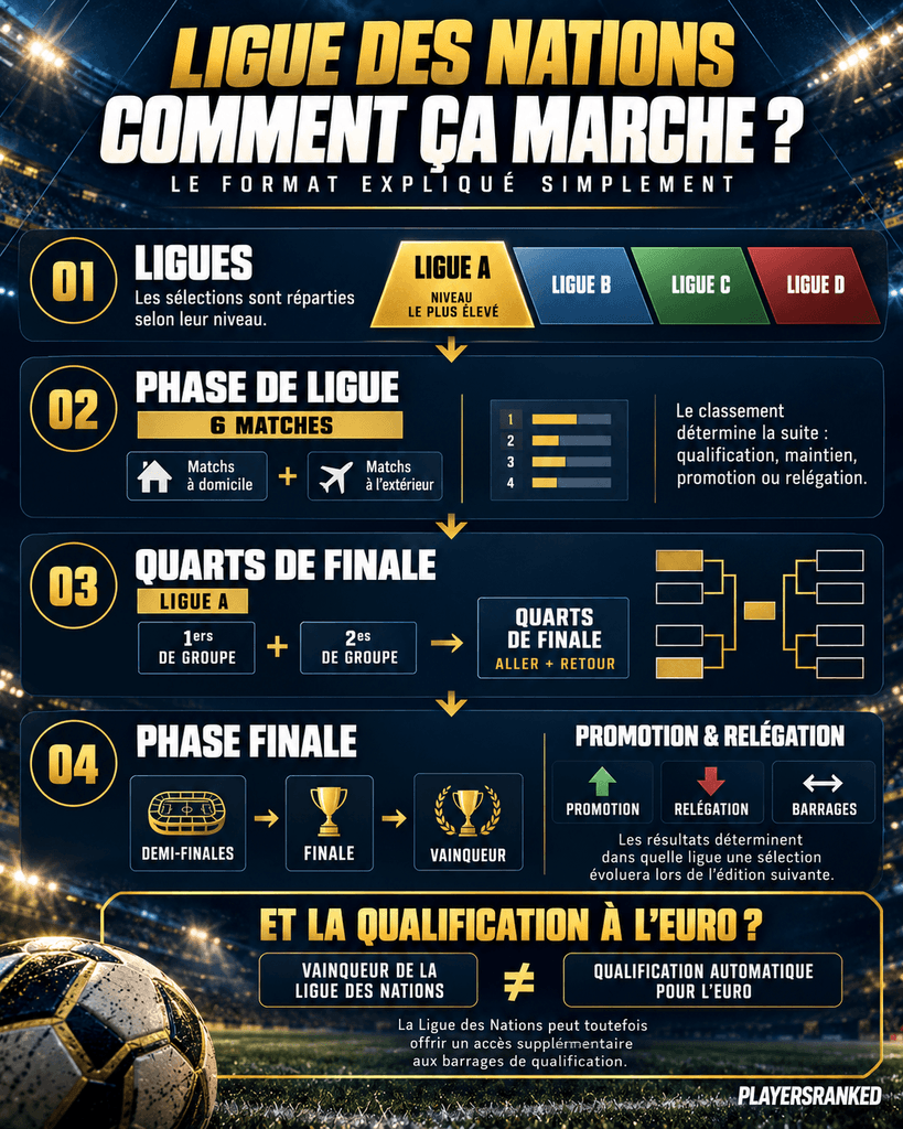 Fonctionnement de la Ligue des Nations expliqué avec phase de ligue, quarts de finale, phase finale, promotion et relégation