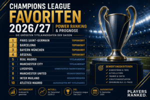 Champions League Favoriten 2026/27 – CL Power Ranking und Prognose Champions League Favoriten 2026/27, Champions League Favoriten 2027, Champions League Power Ranking, Champions League Prognose 2026/27, wer gewinnt die Champions League 2027, Champions League Titelkandidaten, Champions League Sieger 2027 Prognose, PSG Champions League, Bayern Champions League, Barcelona Champions League, Arsenal Champions League, Real Madrid Champions League