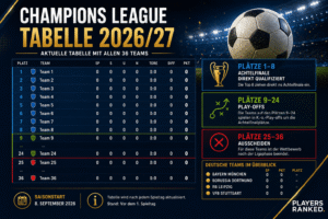 Champions League Tabelle 2026/27 – alle 36 CL Teams und Platzierungen Champions League Tabelle 2026/27, Champions League Tabelle 2026, aktuelle Champions League Tabelle, CL Tabelle 2026/27, Champions League Ligaphase Tabelle, Champions League 36 Teams, Champions League Top 8, Champions League Play-offs 2027, Champions League Achtelfinale 2027, Bayern Champions League Tabelle, Dortmund Champions League Tabelle, Leipzig Champions League Tabelle, Stuttgart Champions League Tabelle